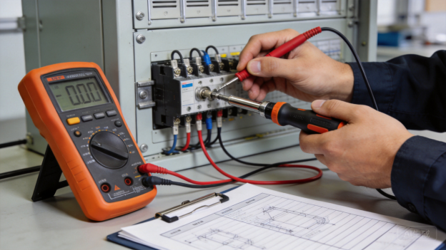 Technician testing an electrical assembly with a multimeter