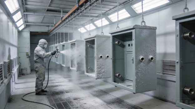 Powder coating line with hanging metal parts