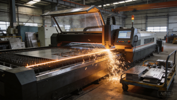 Laser cutting sparks on a metal sheet