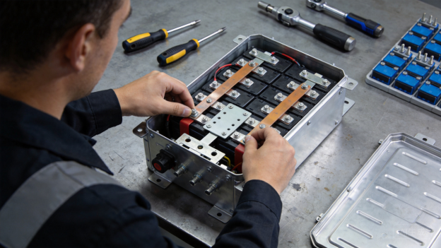 Técnico ensamblando un panel de control eléctrico