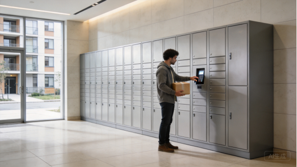 Delivery lockers installed in a building lobby