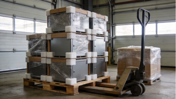 Packed sheet metal components on a pallet truck