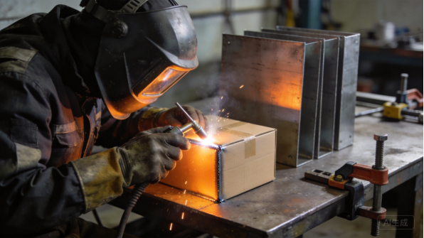 Welder welding a metal frame with sparks