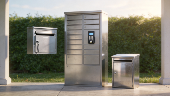 Outdoor parcel and utility cabinets in a garden