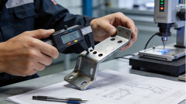 Inspector measuring a metal part with a digital caliper