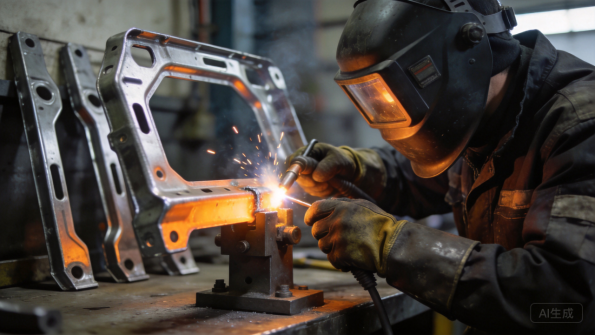Welder in a helmet TIG welding metal
