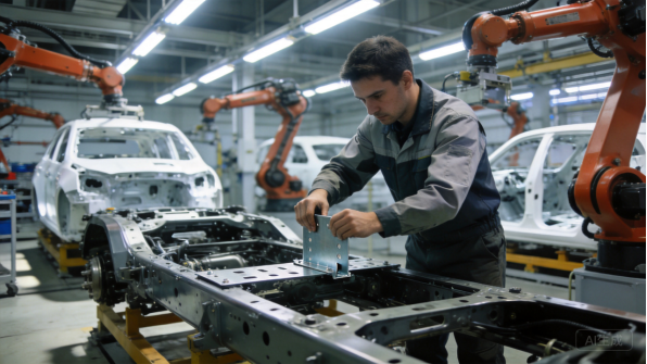 Automotive body assembly line with robots