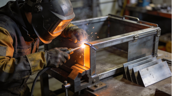 Welder welding a large metal enclosure