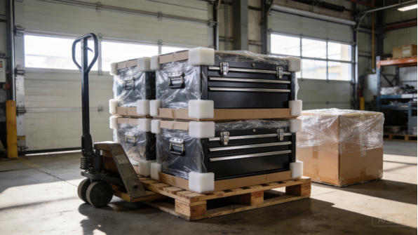 Packed sheet metal parts on a pallet in the workshop