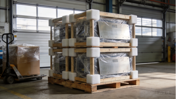 Packed sheet metal enclosures on a pallet