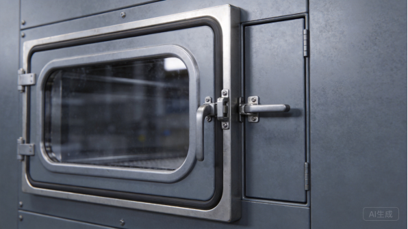 Glazed door detail on a stainless steel enclosure