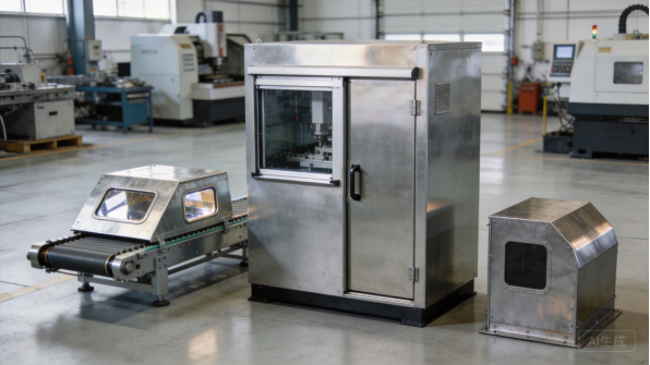 Metal enclosures in a workshop with a scooter in the background