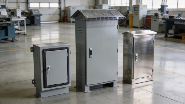 Stainless steel control cabinets in a production hall