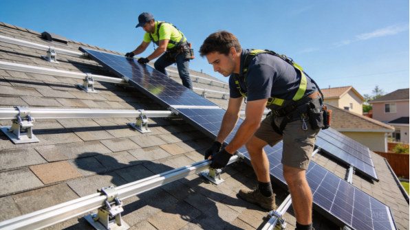 Arbeiter installieren Solarpaneele auf einem Dach