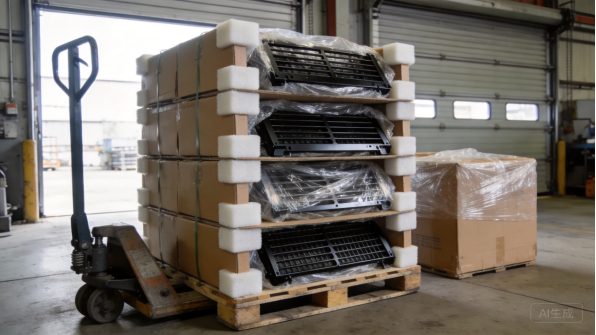 Crates of BBQ grill components ready to ship