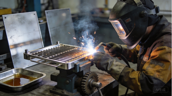 Welder fabricating a BBQ grill body