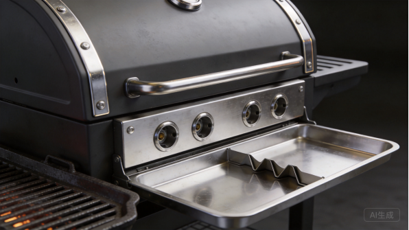 Stainless steel BBQ grill with a thermometer