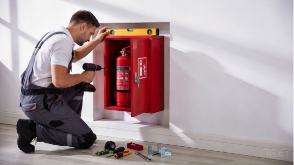 Techniker wartet einen Feuerlöscher-Schrank