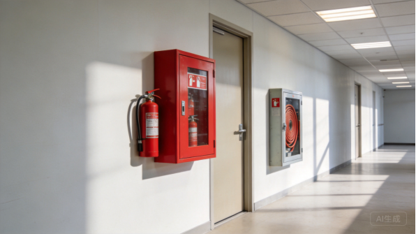 Wandaufhängte Feuerlöscher-Schränke in einem Korridor