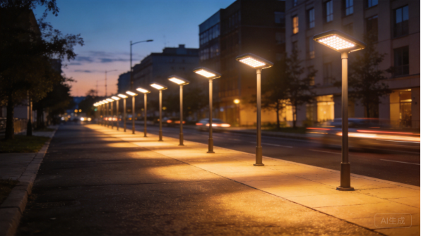 Street lighting poles along a road at dusk