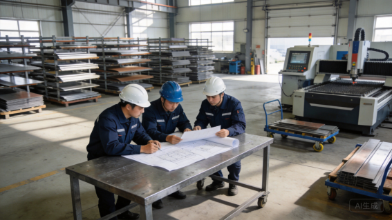 Team reviewing drawings in a fabrication workshop