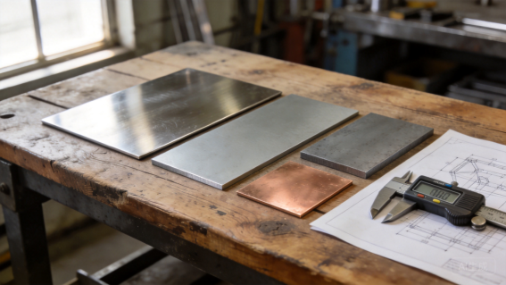 Metal plates on a workbench with drawings