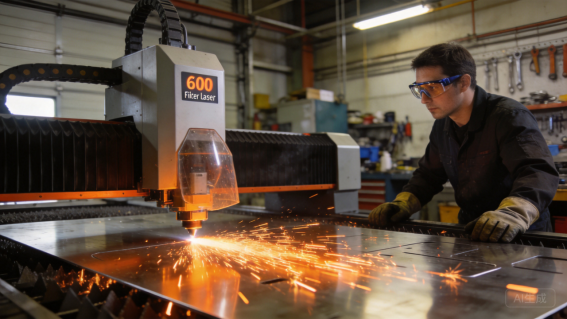 Laser cutting a metal sheet in a workshop