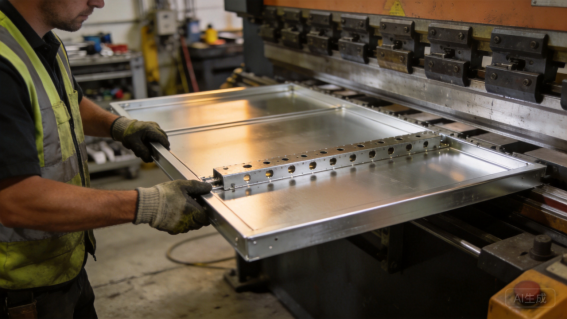 Worker handling a metal panel on a bench