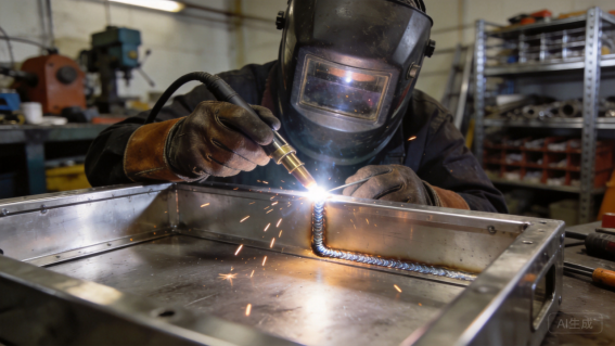 Welder TIG welding a metal assembly