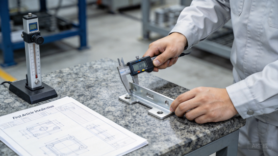 Technician measuring a machined part with calipers