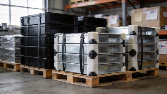 Packed metal enclosures on a pallet