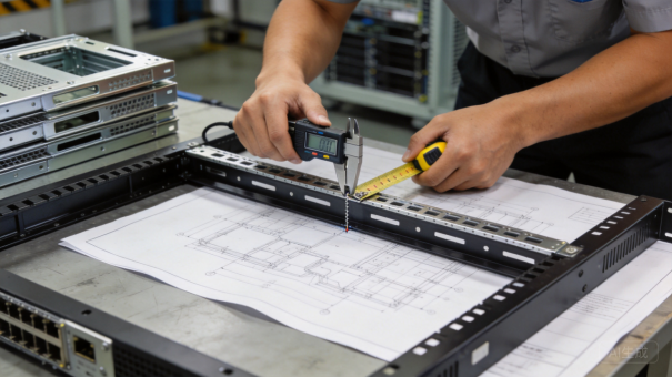 Worker assembling a sheet metal frame on a bench