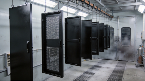 Row of black server cabinets in a production room