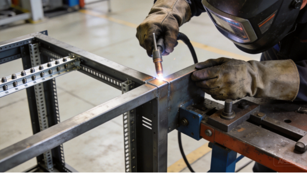 Technician assembling a metal frame structure