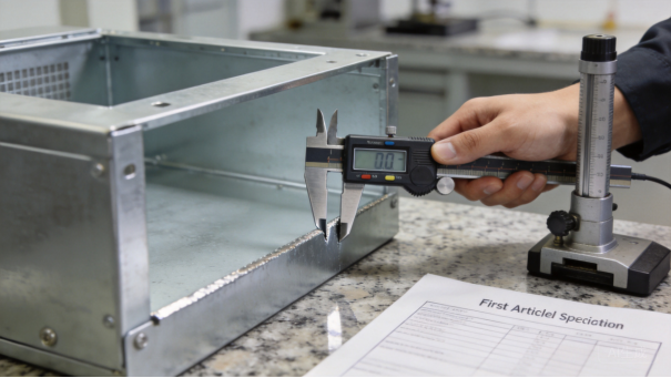 Inspector measuring an enclosure with a height gauge