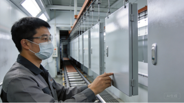 Technician assembling a metal enclosure
