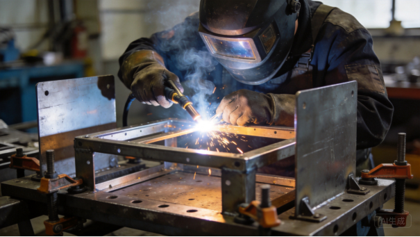 Welder welding a metal component with sparks