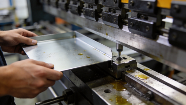 Operator handling a metal panel on a machine