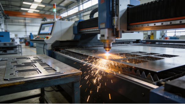 Laser cutting a metal sheet on a machine bed