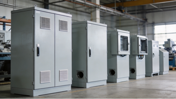 Row of industrial control cabinets in a factory