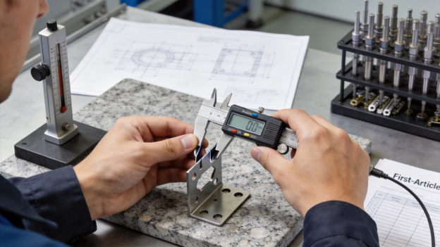 Ingenieur beim Messen eines bearbeiteten Teils