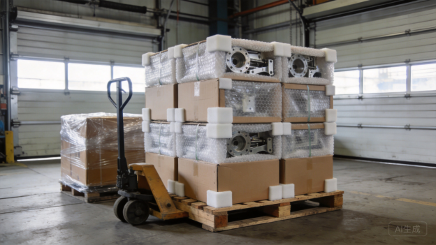 Eingepackte Blechbaugruppen auf einer Palette