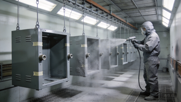 Mitarbeiter bei der Pulverbeschichtung eines Metallgehäuses