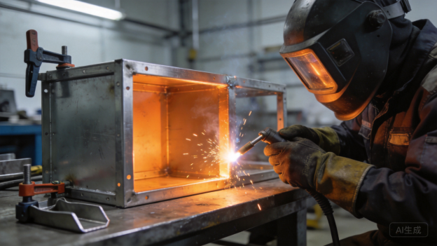 Schweißer beim Schweißen einer Metallbox unter einer Dunstabzugshaube
