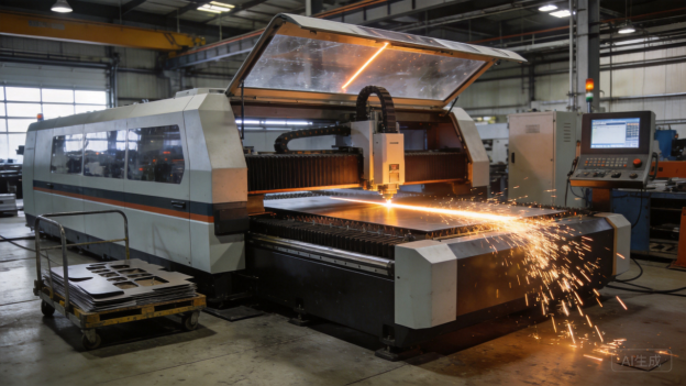 Laserstrahlschneidmaschine beim Bearbeiten von Blech
