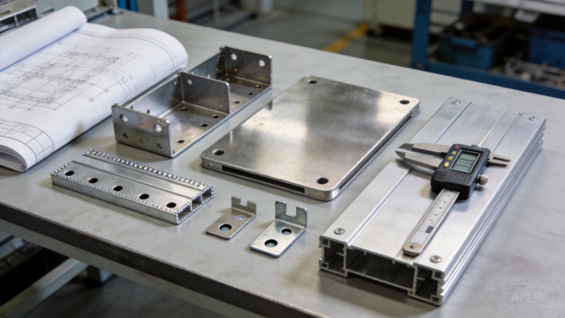 Machined metal plates and components on a bench