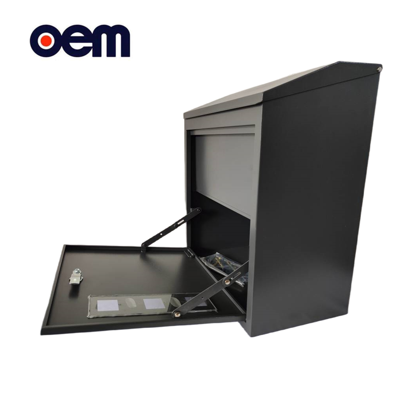 Black wall-mounted parcel box with an open door