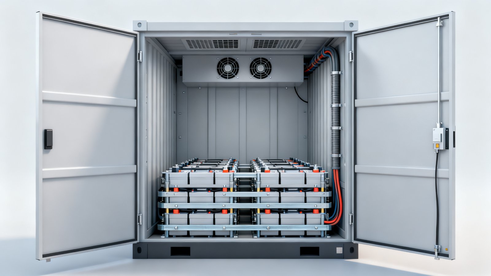 Batterieklemmen und Sammelschienen im Innern eines geöffneten Energiespeicher-Kiosks