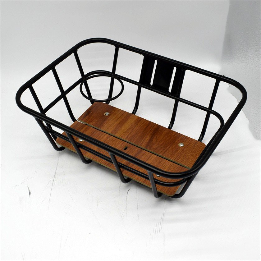bike basket manufacturing - A powder coated steel wire bike basket with a wooden base board, produced as a complete assembly.