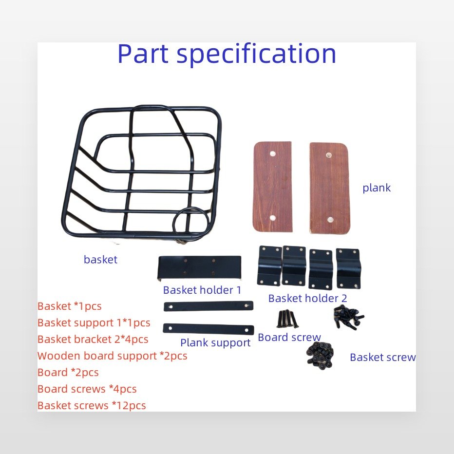 fabricación de canastos para bicicletas - la especificación de la pieza de un kit de canasto para bicicletas: jaula, base, soportes, abrazaderas y tornillos